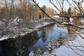 Local destination: Sammamish river in winter with snow along Sammamish river trail in Redmond, WA, USA