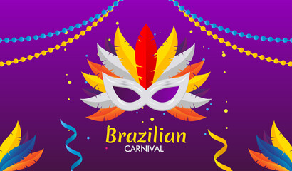 Realistic brazilian carnival poster template, Feather mask brazilian carnival background, Brazilian carnival banner, brazilian carnival party poster