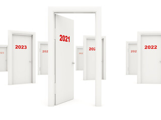 Door with 2021 New Year sign isolated on white