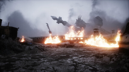America apocalypsis. burning ruined apocalyptic city. Armageddon view. 3d rendering.