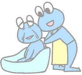 入浴を介助するカエルと介助される老カエル（青色）