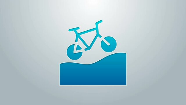 Blue line Mountain bicycle icon isolated on grey background. Bike race. Extreme sport. Sport equipment. 4K Video motion graphic animation