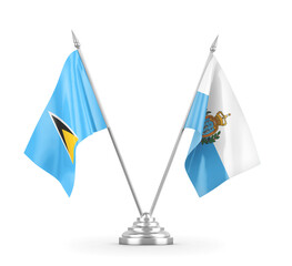San Marino and Saint Lucia table flags isolated on white 3D rendering