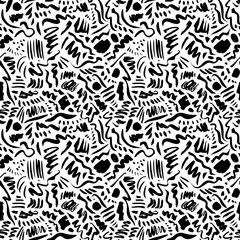 Sketchy background with brush stroke lines, waves and dots. Hand drawn vector seamless pattern. Doodle and freehand ink drawing. Black and white modern graphic texture. Charcoal and ink drawing