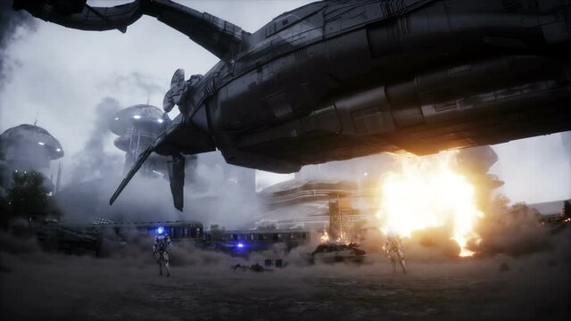 Futuristic sci fi ship take wing. Military robot. Apocalypse city. Realistc dust animation.