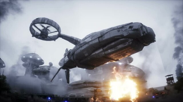 Futuristic sci fi ship take wing. Military robot. Apocalypse city. Realistc dust animation.
