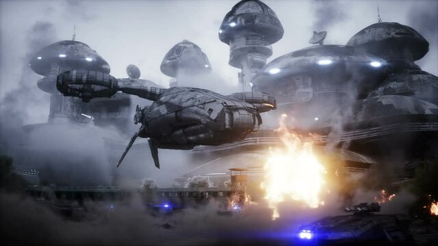 Futuristic sci fi ship take wing. Military robot. Apocalypse city. Realistc dust animation.