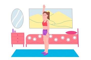 Obraz na płótnie Canvas Young girl doing sports physical exercises, home workouts and fitness at home during quarantine and lead healthy lifestyle. Flat vector illustration. People, men and women using the house as a gym.