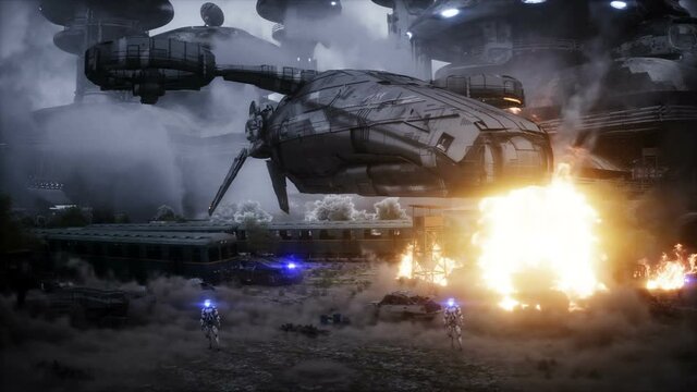 Futuristic sci fi ship take wing. Military robot. Apocalypse city. Realistc dust animation.