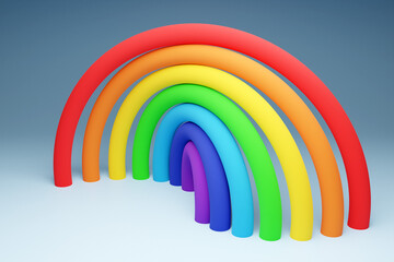 3d illustration of a rainbow round arch on a  gray background.  Portal of long inflatable colorful balls to the magical land