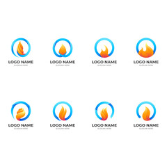 set fire logo, fire and circle, combination logo with 3d blue and yellow color style