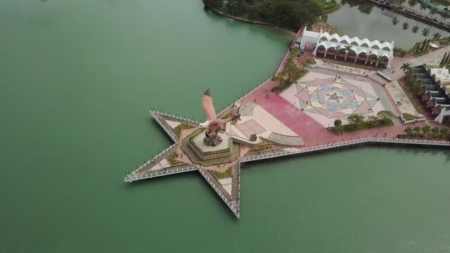 Aerial drone shot of a popular touristic place in Asia. Eagle square Langkawi.