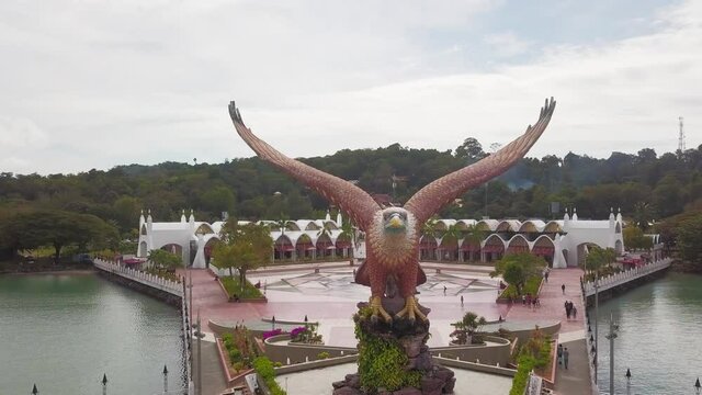 Unique landmarks and architecture in Asia. Aerial drone shot of Eagle Square statue in Malaysia, Langkawi.