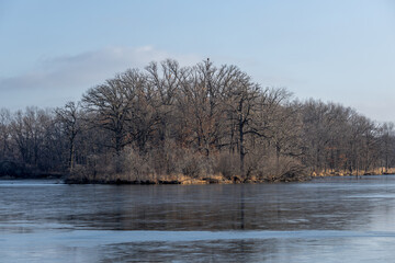 December landscape with a frozen lake, high in the Bald Eagle tree
