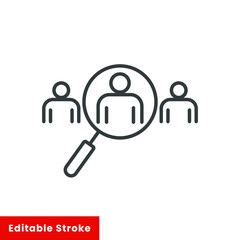 Search job vacancy icon in thin line style. Loupe career vector illustration on white isolated background. Find people employer business concept. Editable stroke Eps10