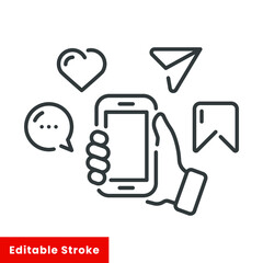 Social media on mobile phone icon. Comment, like, share, bookmark, chat message, business concept, thin line web symbol on white background - editable stroke vector illustration eps 10