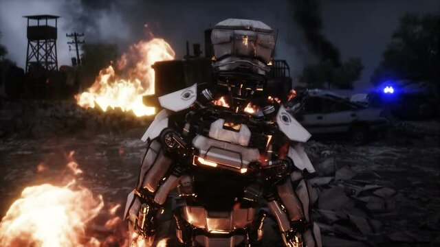 Military robot in a burning ruined apocalyptic city. Armageddon view. Realistic fire simulation. Postapocalyptic.