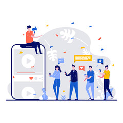 Social media marketing concept with tiny character. People follow blogger, influencer, like and share information flat illustration. Promotion in internet networks, digital advertising ads metaphor - obrazy, fototapety, plakaty