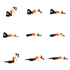 Reclining hero yoga asanas set / Stylized woman practicing supta virasana variations