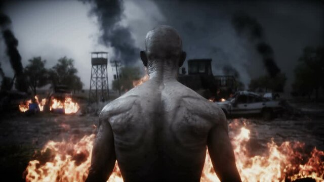 Zombie in a burning ruined apocalyptic city. Armageddon view. Zombie apocalypsis. Realistic 4k animation.