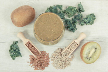 Freshly blended coctail from fruits and vegetables. Healthy dessert containing vitamins and minerals