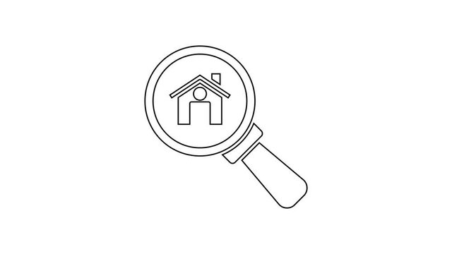 Black line Search house icon isolated on white background. Real estate symbol of a house under magnifying glass. 4K Video motion graphic animation