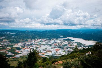 Fototapeta na wymiar View on Da Lat city from the peak at Langbiang mountain, Da Lat, Vietnam, Southeast Asia