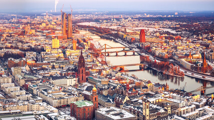 Obraz premium Aerial view over Frankfurt am Main at winter sunset
