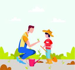 Child and dad in the garden. Planting plants. Vector illustration