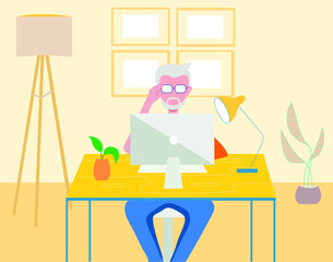 An elderly man is sitting at a computer. Vector illustration
