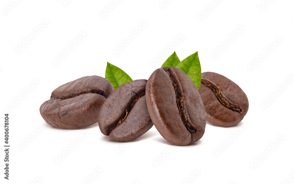 Wall mural roasted coffee beans with coffee leaves studio shot isolated on white background long banner, health