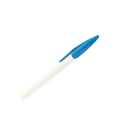 A pen with a blue cap, a white handle on a white background.