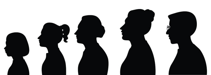 Set of women silhouette vector, black and white people.