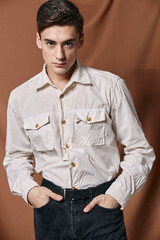 cute guy white shirt casual wear lifestyle studio