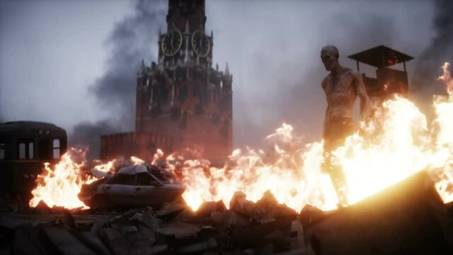 Zombie in a burning ruined Moscow apocalyptic city. Russian Armageddon view. 4k animaton