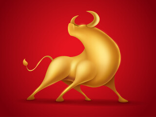 3D illustration design of golden ox on red background . Isolated.