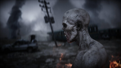 Fototapeta na wymiar Zombie in a burning ruined apocalyptic city. Armageddon view.