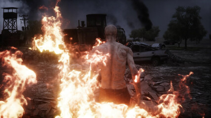 Zombie in a burning ruined apocalyptic city. Armageddon view.