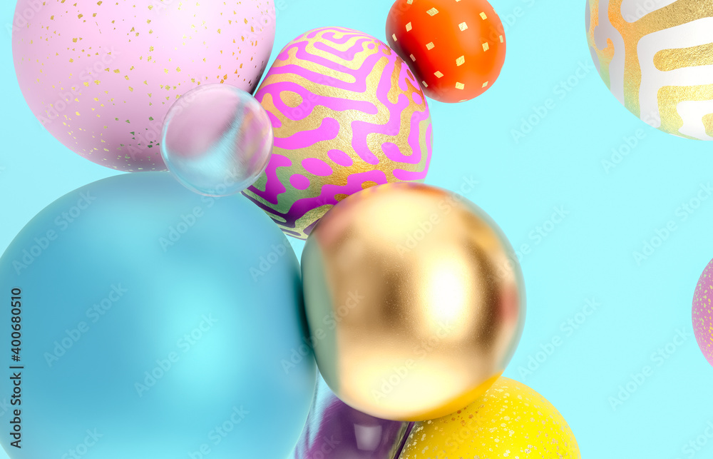 Poster abstract holiday background with fancy geometric balloons. 3d render.