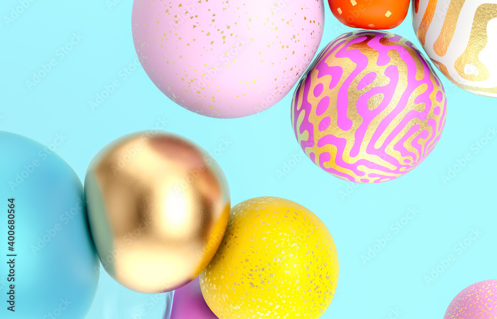 Poster abstract holiday background with fancy geometric balloons. 3d render.