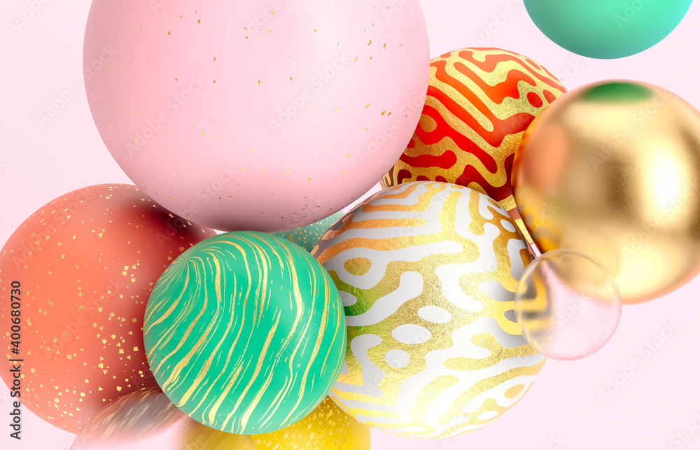 Poster abstract holiday background with fancy geometric balloons. 3d render.