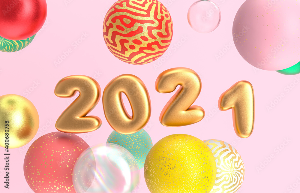 Poster christmas and happy new year background with fancy geometric balloons. 3d render.