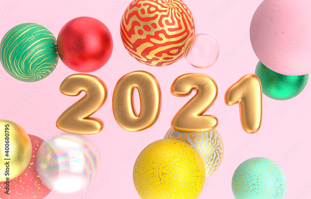 Poster christmas and happy new year background with fancy geometric balloons. 3d render.