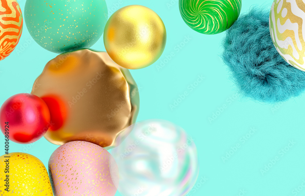 Poster abstract holiday background with fancy geometric balloons. 3d render.