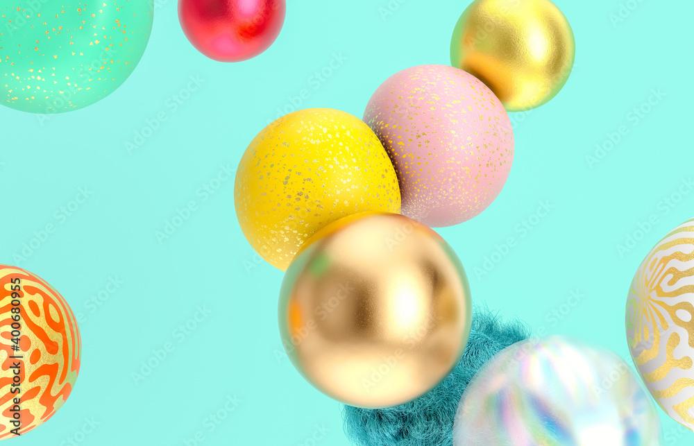 Poster abstract holiday background with fancy geometric balloons. 3d render.