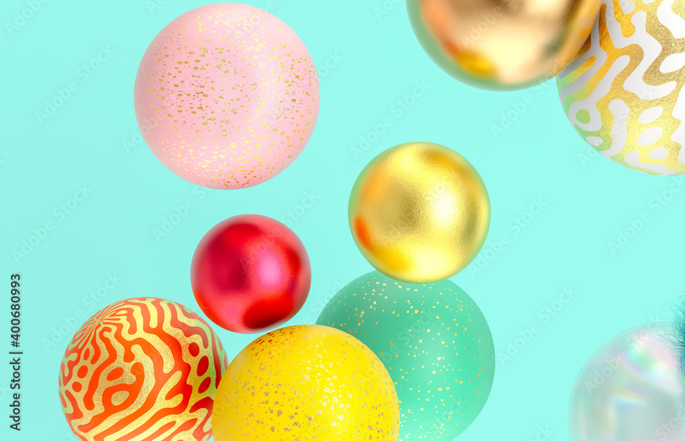 Poster abstract holiday background with fancy geometric balloons. 3d render.