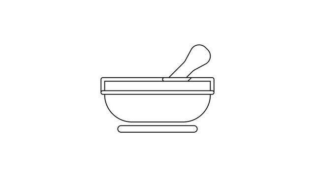 Black line Mortar and pestle icon isolated on white background. 4K Video motion graphic animation