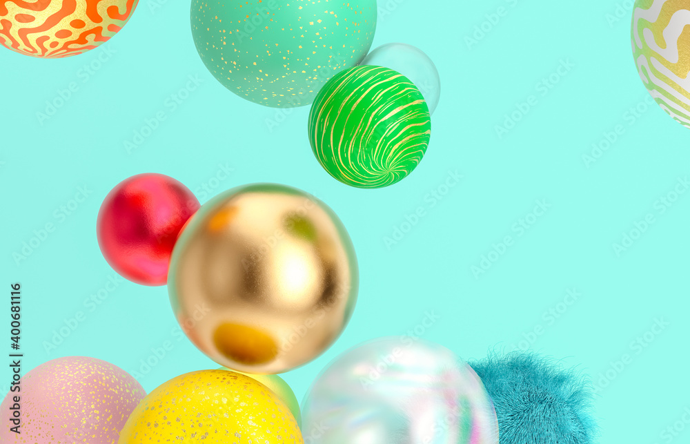 Poster abstract holiday background with fancy geometric balloons. 3d render.