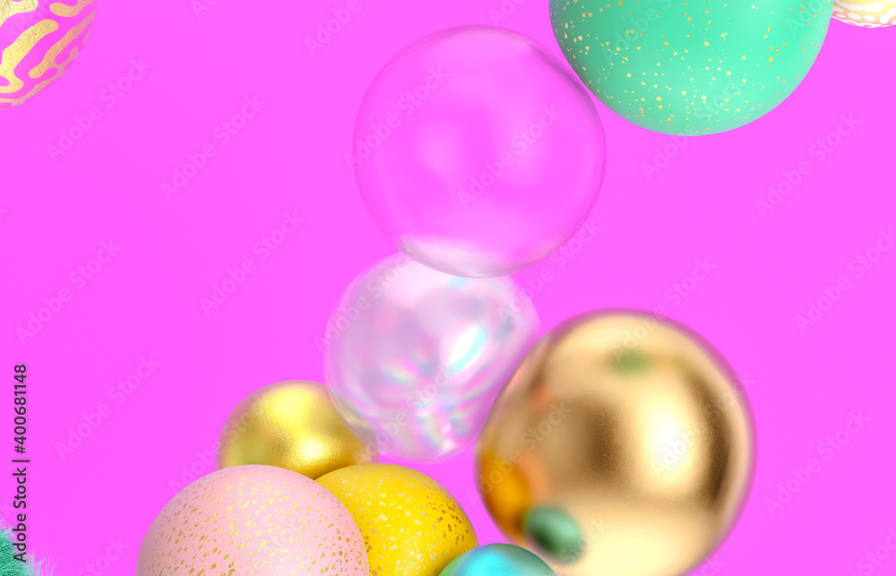 Poster abstract holiday background with fancy geometric balloons. 3d render.