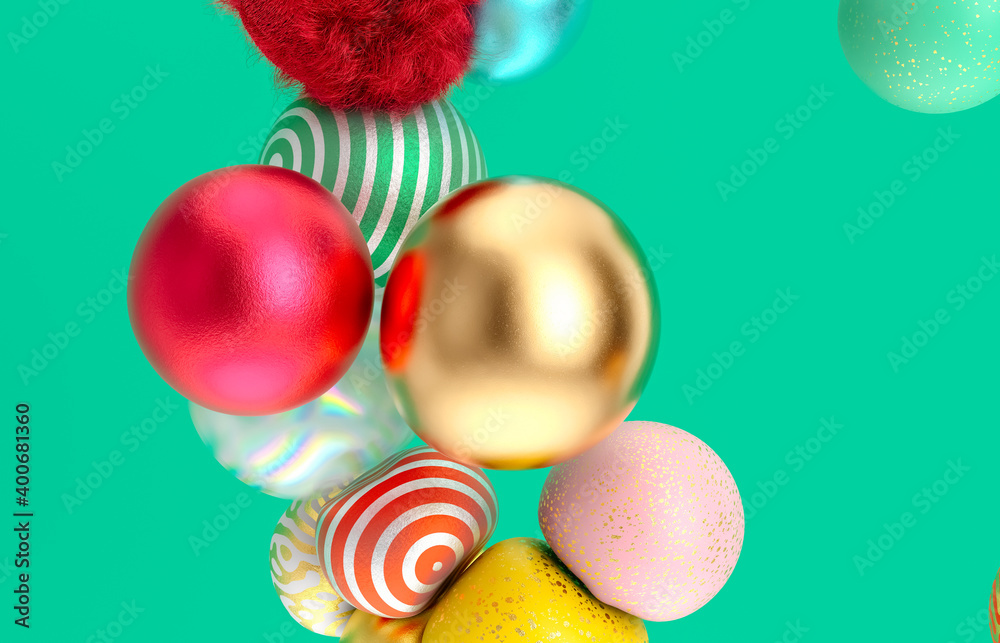 Poster abstract holiday background with fancy geometric balloons. 3d render.